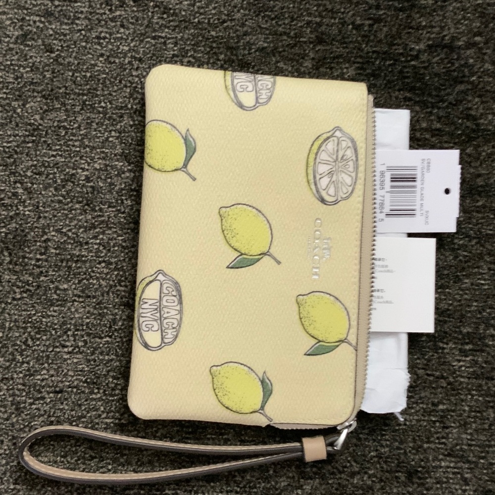 Coach Yellow Lemon Print Leather Wristlet with Pale Tan Strap
